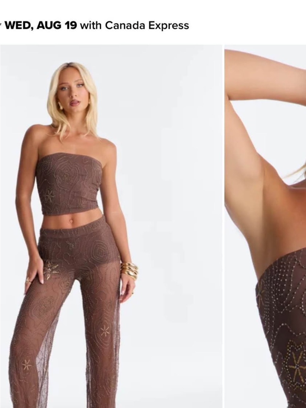 Fashion Nova Brown Strapless Embellished Bandeau Top & Sheer Pants Set